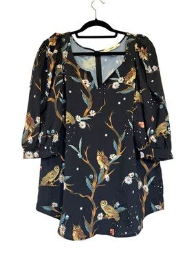 Zapelle Women’s XL Owl Flowy Puff Sleeve Black Witchy Fall Blouse